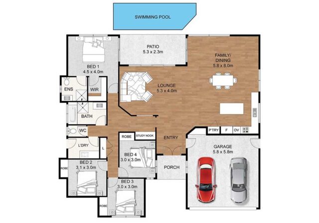 Single-story house floor plan with four bedrooms, two bathrooms, lounge, dining/kitchen, laundry, garage, porch, patio and a pool at the top.