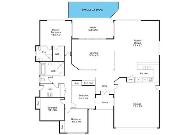 Floor plan of a house showing rooms: master bedroom with ensuite, 3 additional bedrooms, lounge, family/dining, kitchen, laundry, garage, porch and patio with a pool above.